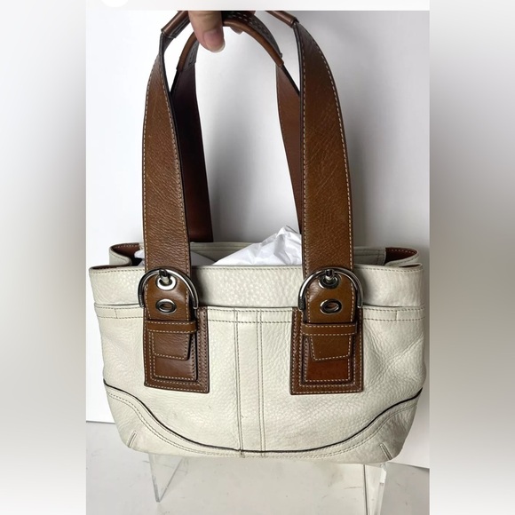 Authentic Vintage Coach Cream Leather Handbag Buckle brown straps F12302 READ - Picture 5 of 16